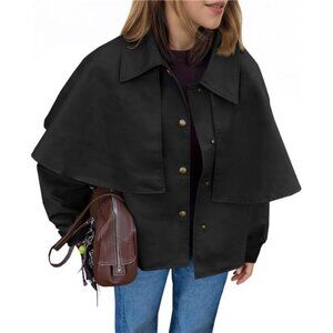 Women Cropped Trench Coat Casual Lapel Single Breasted Cape Sleeve Short Jacket